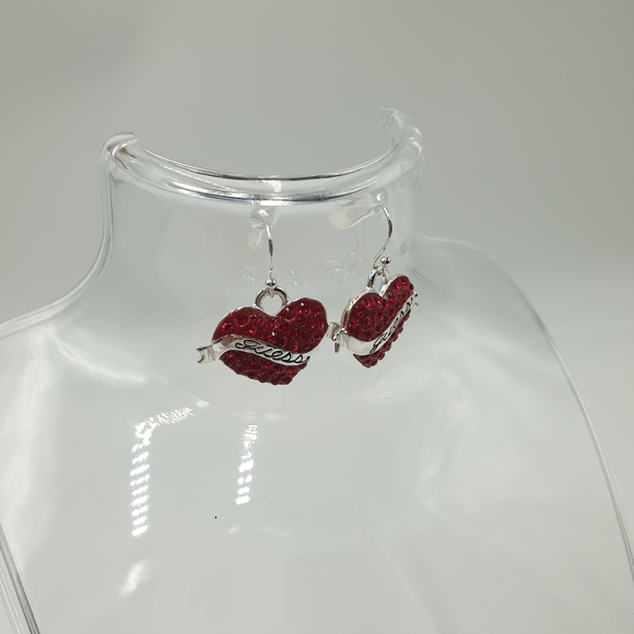 Guess Silver & Red Rhinestone Heart Pendant Hook Earrings - Picture 6 of 7